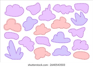 Cartoon Copy Space Shapes Set. Cute cartoon shapes in pastel colors with dashed borders, perfect for copy space. Flat style, pink and violet tones, isolated on white background.