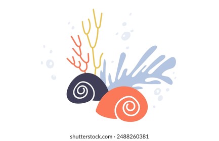 Caricatura de coral y moluscos o almejas. Vida marina, bajo el agua. Dibujo dibujado a mano Doodle. Vector