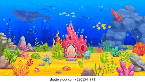 Cartoon coral reef house, game level underwater landscape. Underwater aquatic life landscape background, sea water world scene or game level backdrop with coral reef animals and fantasy dwelling