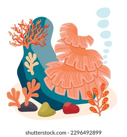 Cartoon coral reef with seaweed.Colorful uquqtic underwater with ocean weed.Marine aquarium algae.Print on fabric and paper.Vector flat style illustration isolated on white background.