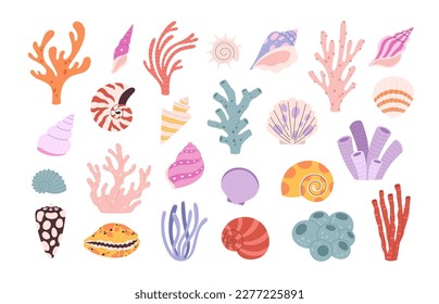 Cartoon corals and seashells, algae underwater elements. Ocean blue natural plants, seashells aquarium set. Shell, laminaria, racy marine vector clipart