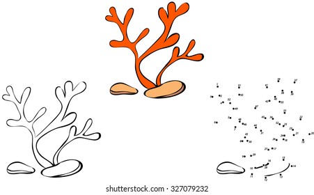 Cartoon corals or seaweeds. Coloring and dot to dot educational game for kids. Vector illustration