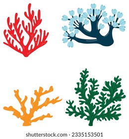 Cartoon corals set isolated on white background. Vecor illustration for your design, posters, textile, wedding invitation, business products. Underwater elements