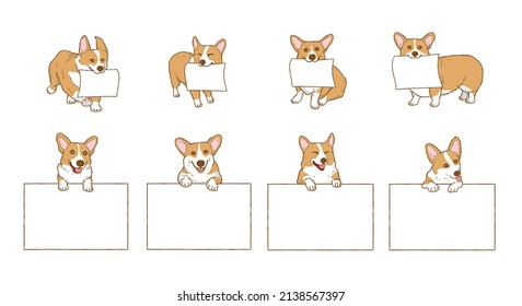 Cartoon corgi dog with blank paper. Dog above banner or sign illustration