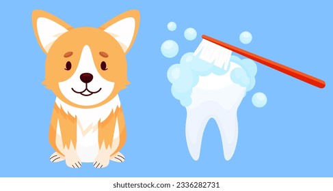 Caricatura Corgi Carácter perro y diente limpio. Higiene dental canina. Estilo de la caricatura de ilustraciones vectoriales