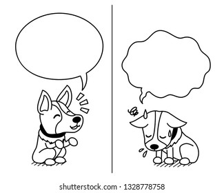 Cartoon corgi dog expressing different emotions with speech bubbles for design.