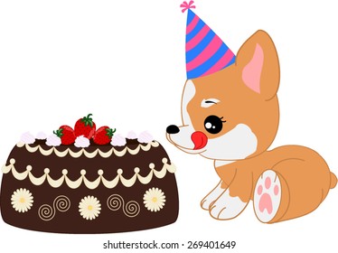 Cartoon corgi girl puppy with birthday cake.

