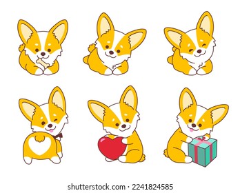 Caricatura Pembroke Welsh Corgi ilustración ambientada en diferentes poses. Sentado, perro vectorial tendido aislado en fondo blanco
