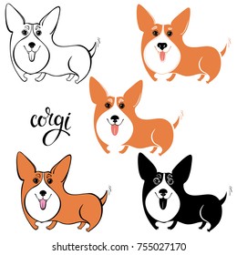 Cartoon corgi Pembroke, Welsh Corgi on white background. Hand-drawn vector illustration. Sketch, five  isolated variants.