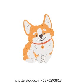 Cartoon Corgi purebred breed of furry dog, darling pet. Cute smiling corgi puppy sitting, collar with heart pendant. Vector illustration isolated on white background