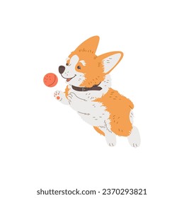 Cartoon Corgi reinrassige Rasse von Furry Hund Springen für den Ball. Lächelnder Korgi Welpen Spaß zu spielen. Dunkle Haustier-Vektorgrafik einzeln auf weißem Hintergrund