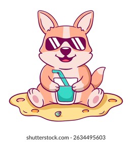 Cartoon corgi is sitting on the beach with a glass of juice