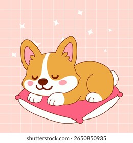 Cartoon Corgi Sleeping Peacefully on Pink Cushion