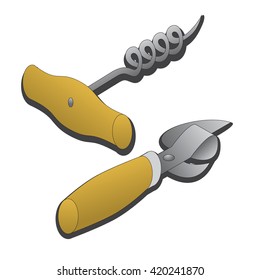 Cartoon corkscrew and can opener vector illustration. Isolates vector corkscrew. Isolated vector can opener. Isolated objects. Isometric vector can opener and corkscrew.
