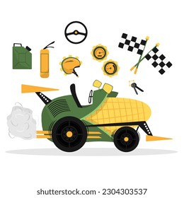 Cartoon corn car on wheels. Popcorn truck or corn racing car with accessories. Vector flat illustration