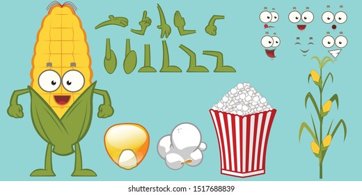 Cartoon corn character set. Eyes, arms, mouths and legs. Varied expressions. corn plant, seed and popcorn