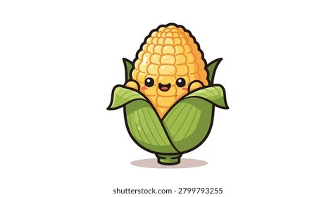 A cartoon corn character with a smiling face peeking out from green leaves on a white background with vibrant colors.