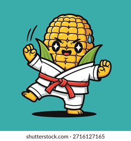 Um personagem de caricatura de espiga de milho vestido com um traje de karatê branco com um cinto vermelho, golpeando uma pose de artes marciais.
