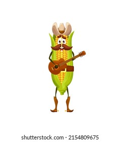 Cartoon corn cob cowboy character with guitar, vector American Western or Wild West musician. Funny maize vegetable food personage with mustache, cowboy hat and shoes with spurs playing guitar