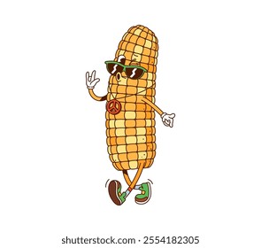 Cartoon corn cob groovy fast food character. Isolated vector retro cheerful maize farm vegetable personage with ripe kernels, wearing trendy shoes, peace sign pendant and sunglasses walking for outing