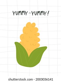 cartoon corn, hand drawing lettering, decoration elements. Colorful flat vector illustration. design for prints, posters, cards