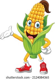 Cartoon corn mascot design presenting