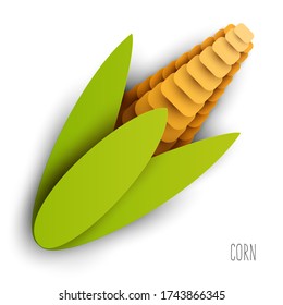 Cartoon corn in modern geometric 3d paper cut style isolated on white background. Vivid creative vector art element. Minimalistic concept of abstract design illustration.