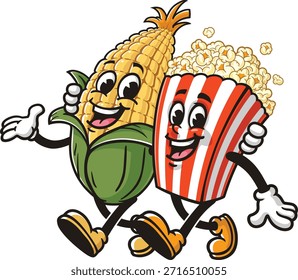 Cartoon corn and popcorn walking together
