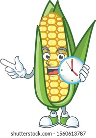 Cartoon corn raw with the character with bring clock