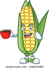 Cartoon corn raw with the character drinking in cup