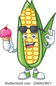 Cartoon corn raw with the character with ice cream