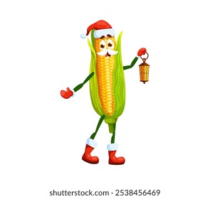 Cartoon milho Santa para Natal personagem vegetal de férias, vetor engraçado milho cob. Espiga de milho doce bonito em Santa chapéu com lanterna Feliz Natal, Feliz Ano Novo e Natal de inverno saudar emoji