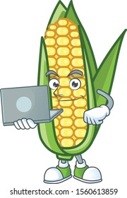 Cartoon corn sweet with the character with bring laptop