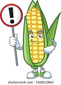 Cartoon corn sweet with the character with sign warning