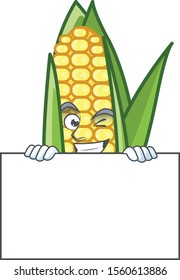 Cartoon corn sweet with the character squinting with board