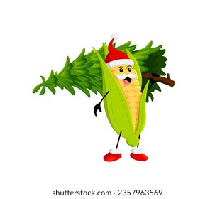 Cartoon corn vegetable character with Christmas pine tree. Happy New Year festive, Christmas holiday or Xmas vector cheerful veggie personage. Winter season celebration happy corn vegetable character