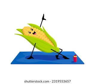 Cartoon corn vegetable character on yoga fitness sport. Funny maize veggies standing on arm, promoting health and wellness through a playful approach, inspiring mindfulness and a balanced lifestyle