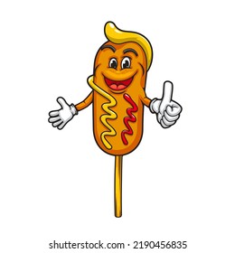 Cartoon corndog character, corn dog on stick, vector food personage. Corndog fried sausage with mustard and ketchup, funny cute face with thumb up and smile, cartoon corn dog for kids menu