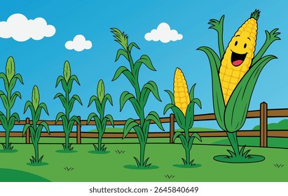 Desenho Animado Cornfield com Smiling Corn Caractere Vetor Fazenda Ilustração de Cena