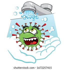 Cartoon corona virus, showing the importance of Wash hands, as prevention, Sanitize, sterilize. Ideal for educational and institutional materials