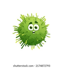 Cartoon Coronavirus Character Vector Green Funny Cell Of Covid19 Virus, Bacteria Or Germ With Smiling Face, Big Eyes And Outgrowths. Pathogen Microbe Monster, Isolated Corona Mascot, Cute Personage