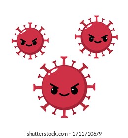 Cartoon coronavirus emoji. Red virus cell character with face. Covid-19 emoticon with evil smile