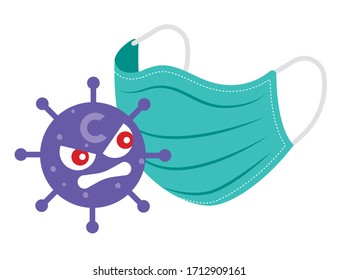 Cartoon coronavirus feel angry with the surgical protective mask. Surgical protective mask to protect against coronavirus - vector character