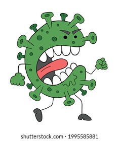Cartoon coronavirus monster is so angry and running, vector illustration. Colored and black outlines.