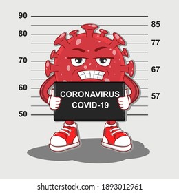 Cartoon Coronavirus Polizei Strafregister. Virus-Gefängnis, festgenommen Charakter covid-19. Modernes Plakat für Drucke, Kinderkarten, Poster, T-Shirts und lustige Avatare. Vektorgrafik.