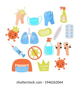 Cartoon coronavirus set. Vector hand drawn illustration.