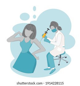 Cartoon of Coronavirus vaccination, doctor injecting a patient, getting first shot of covid vaccine in arm muscle. Medical doctor in protective suit and mask, process of immunization against Covid-19
