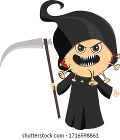 Cartoon Coronavirus. Virus Covid-19 With Costume Of Grim Reaper Character (The Death). 