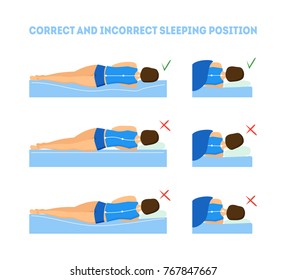 Cartoon Correct or Incorrect Sleeping Body Posture Set Healthcare Concept Flat Design Style. Vector illustration of Health Care