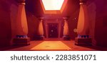 Cartoon corridor inside ancient Egyptian temple. Vector illustration of mysterious hall with large pillars, antique hieroglyphs and images on stone walls, entrance to pharaoh tomb. Game background